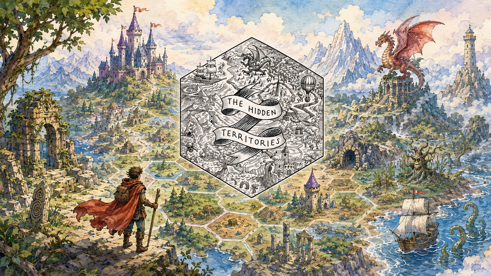 The Hidden Territories world of Westri, with an adventurer overlooking a hex-mapped realm of castles, ruins, mountains, dragons and sea routes.
