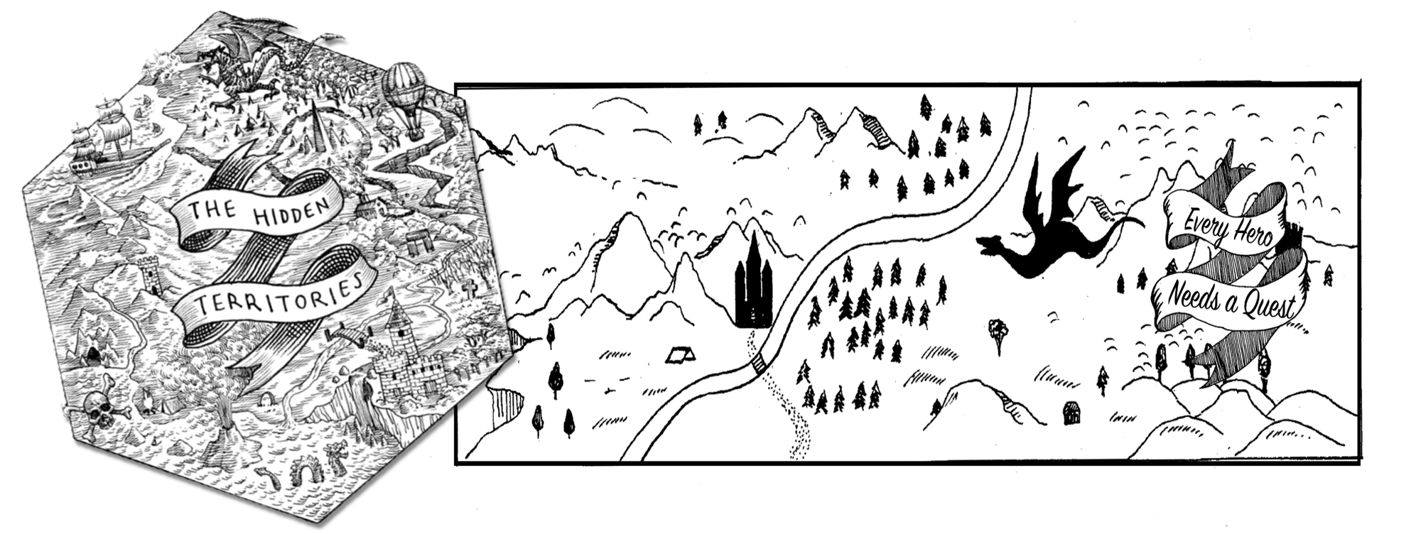 The Hidden Territories hand-drawn fantasy map banner with the motto Every Hero Needs a Quest.