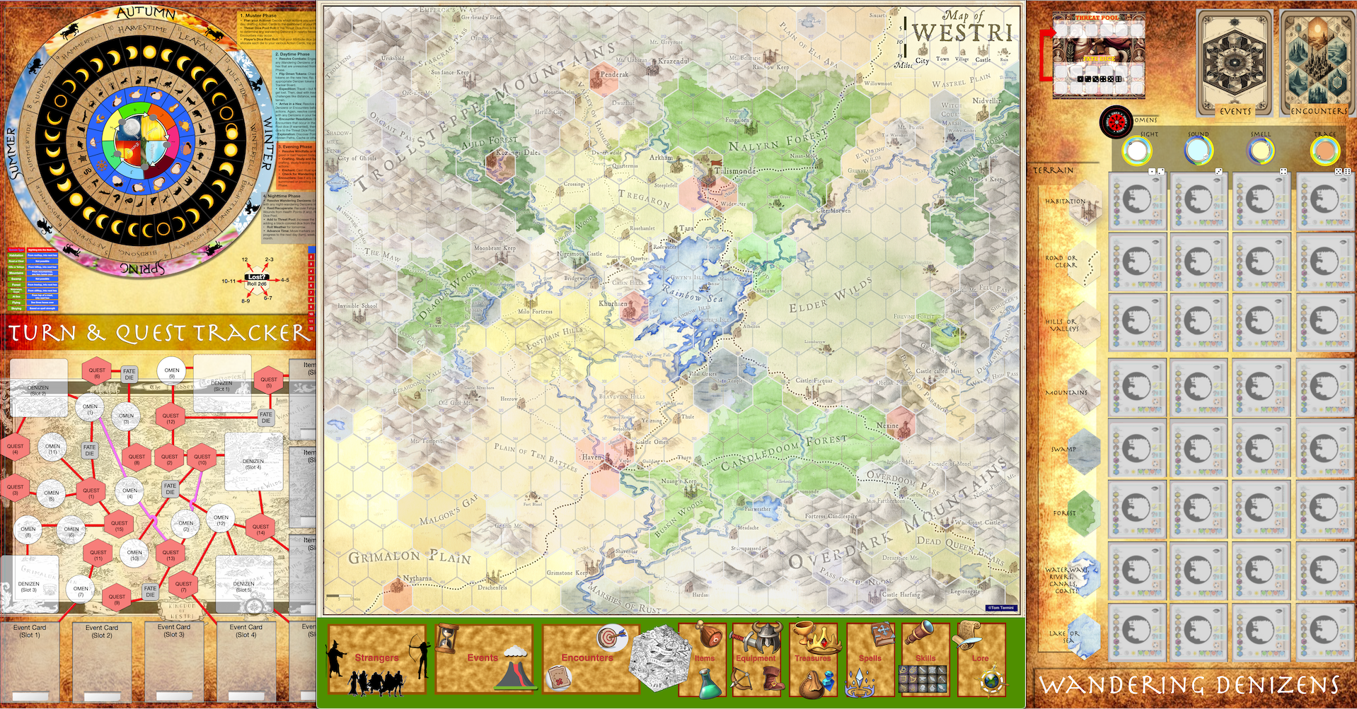 Prototype boards for The Hidden Territories showing the Westri map, seasonal wheel, trackers, decks and wandering denizens.