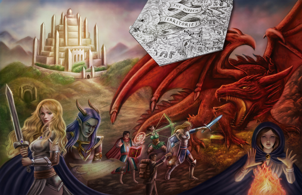 The Hidden Territories travel and exploration artwork with heroes, companions and rivals aboard a ship beneath a dragon.